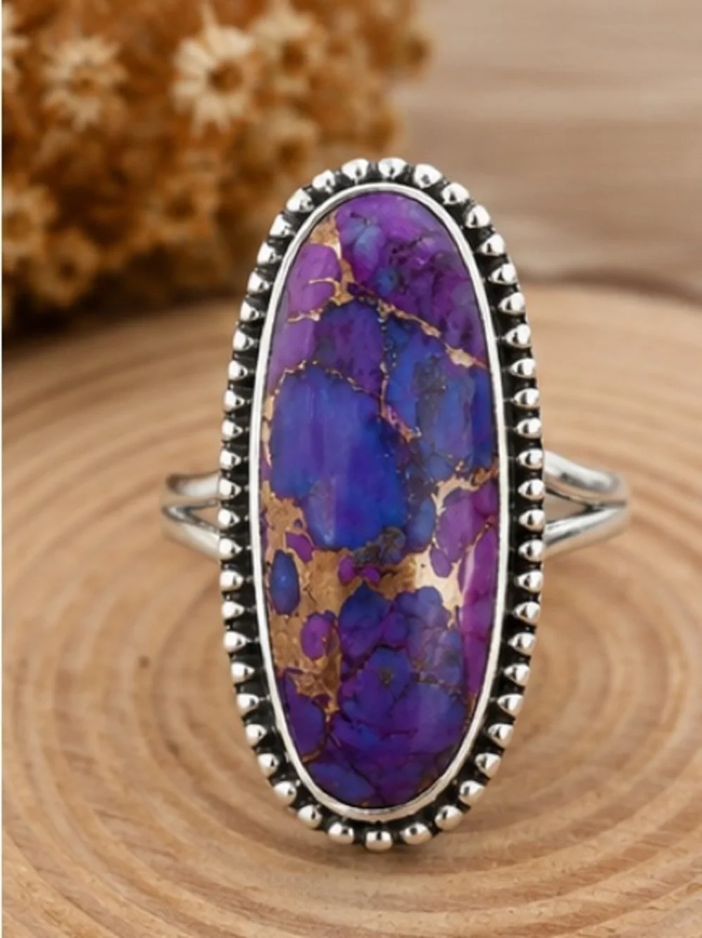 Purple Turquoise Statement Ring Silver Tone Oval Size 6